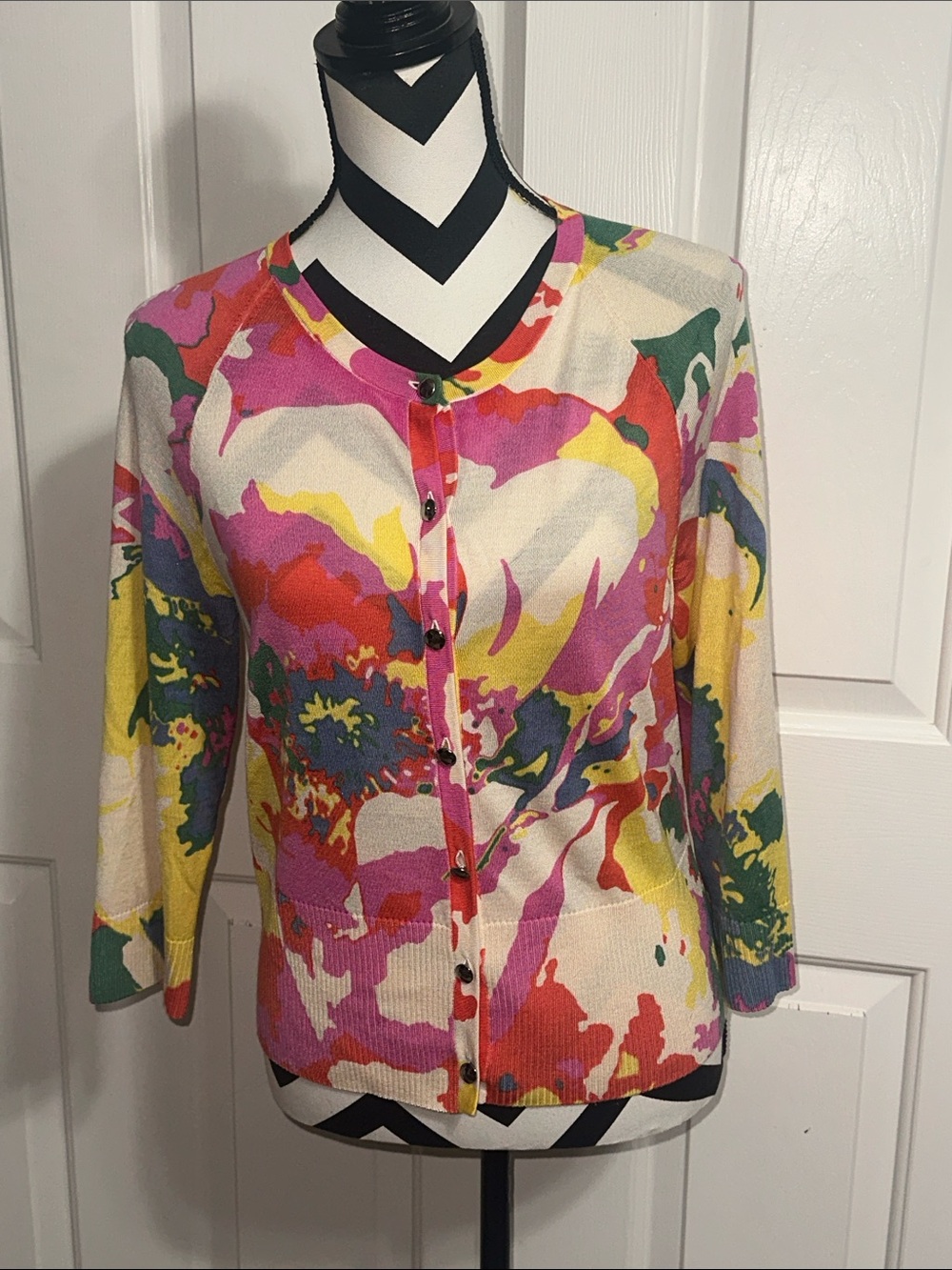 St. John Multicolor Floral Print Button-Front Cardigan in Pink, Yellow & Green